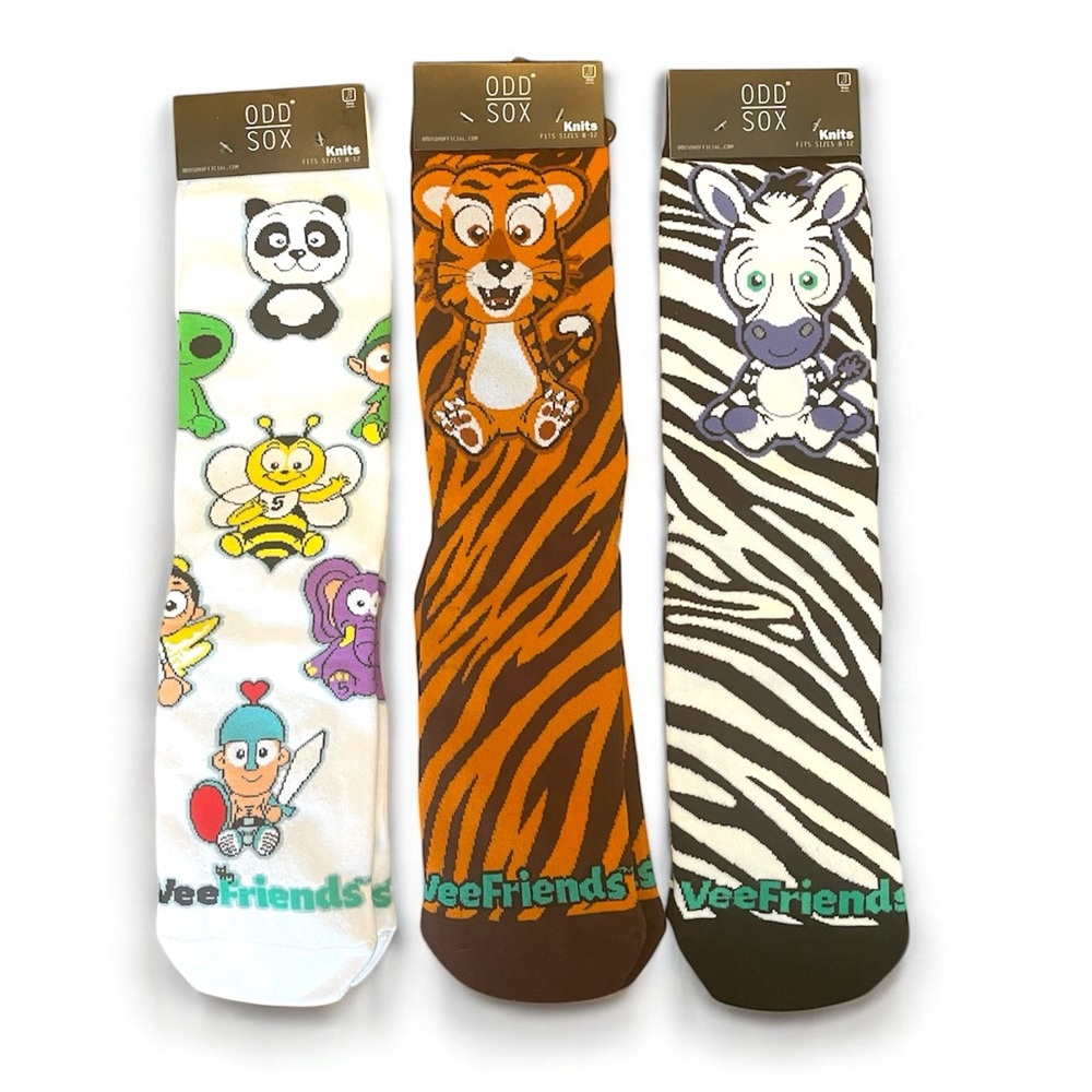 3 x VeeFriends Knit Socks by Odd Sox Tiger, Multi, Zebra NEW